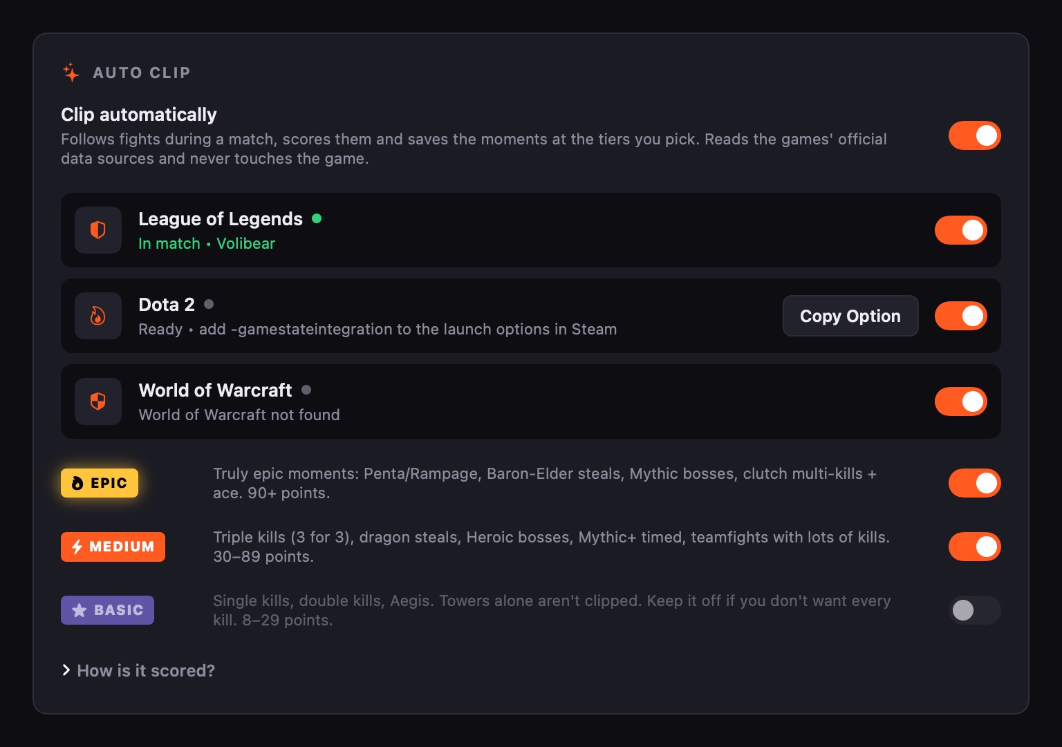 Auto Clip settings: League of Legends, Dota 2, World of Warcraft; Epic, Medium and Basic tiers